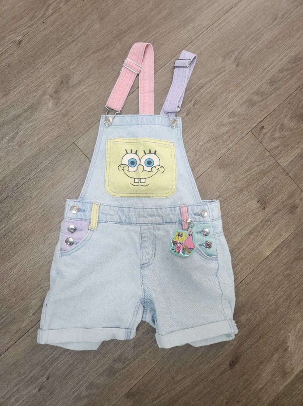 Justice x SpongeBob SquarePants Girls Pastel Denim Shortalls NWT Size 8
